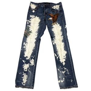 AKOO Mens Bleached Artisan Eagle Distressed Straight Leg Blue Jeans 35x33.5